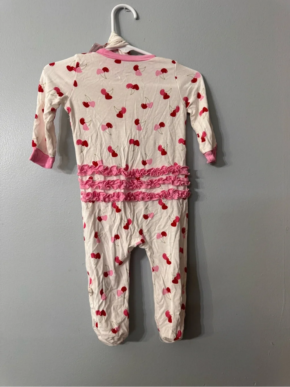 Baby Girls Pink Cherry Print One-Piece bamboo Footed Pajamas with Matching Bow